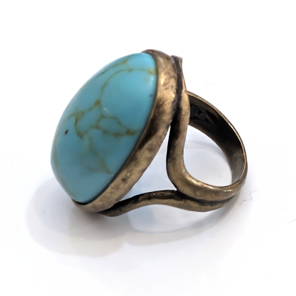 Vintage Oversized Y2K Turquoise & Gold Hallmarked Statement Ring- Size 7 - Picture 2 of 8